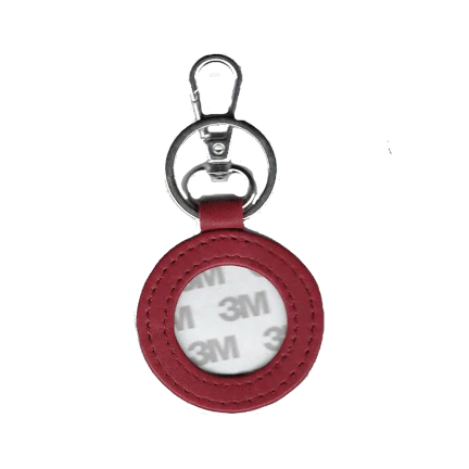 Red keychain with a metal clip on a white background