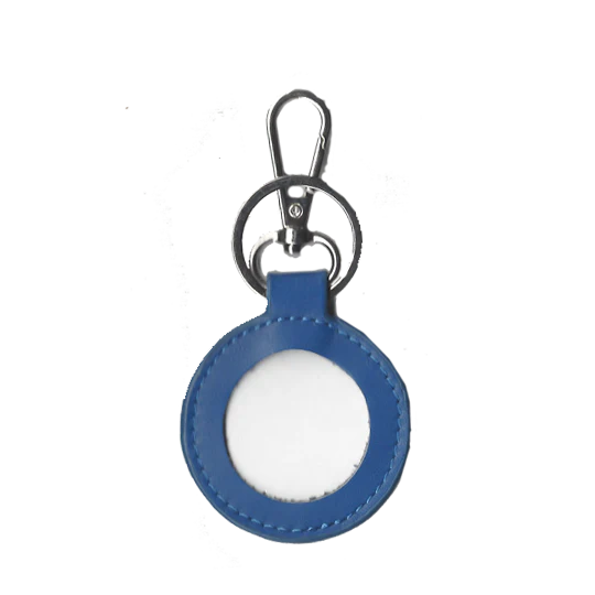 Blue keychain with a white card holder on a white background
